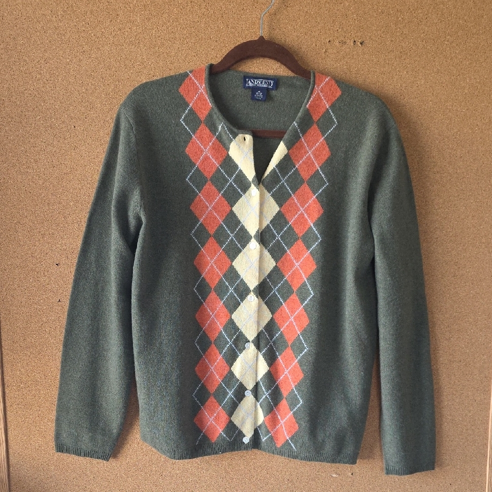 Cashmere Lands' End Argyle Button Front Knit Preppy Sweater Cardigan Sz 10/12